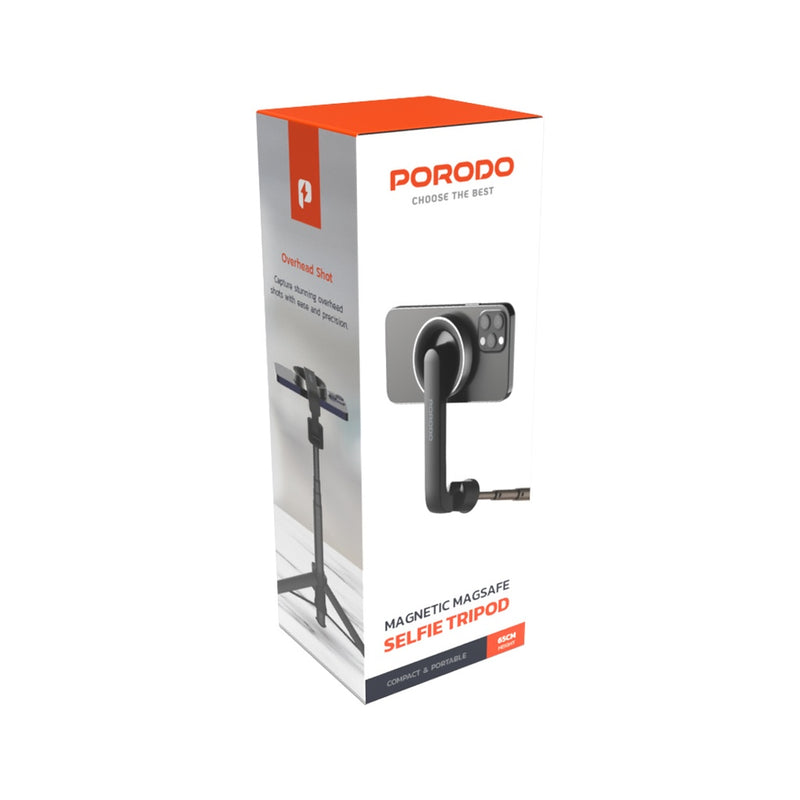 Porodo Magnetic Selfie Stick 64.5cm Extendable with 3 Leg Tripod and Remote Control - Black - عصاة تصوير - ستاند + سيلفي - ماغ سيف - مع ريموت