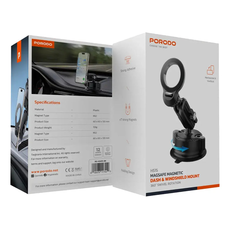 Porodo Magsafe Magnetic Dash & Windshield Mount - Black - ستاند سيارة مناسب لجميع انواع الاجهزة - دوران 360 درجة - ماغ سيف - بورودو