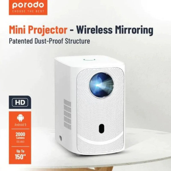 Porodo Mini Projector Wireless Mirroring Patented Dust-Proof Structure - White [O] - بروجكتور متنقل - بورودو - كفالة 24 شهر