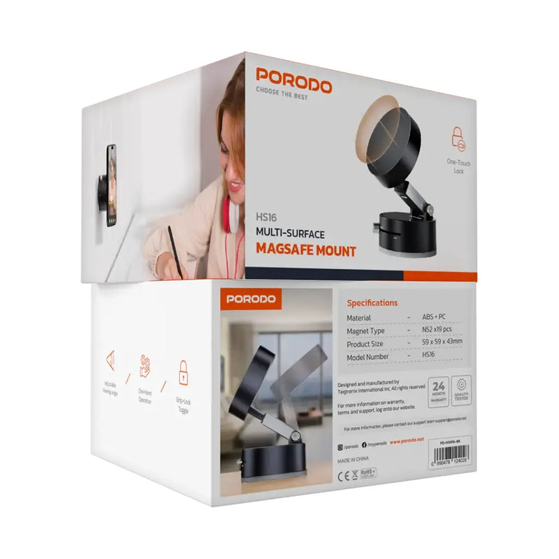 Porodo Multi-Surface MagSafe Mount - Black [O] - ستاند سيارة مناسب لجميع انواع الاجهزة - شفط بدون شحن - بورودو