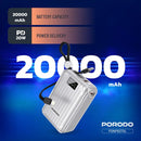 Porodo Petite 20000mAh Power Bank with Integrated Type-C & Lightning Cable - Silver - بطارية متنقلة - برودو - قوة 20000 - سلك شاحن أيفون + تايب سي - 1 منفذ تايب سي - 1 منفذ يو اس بي - شاشة رقمية - كفالة 12 شهر