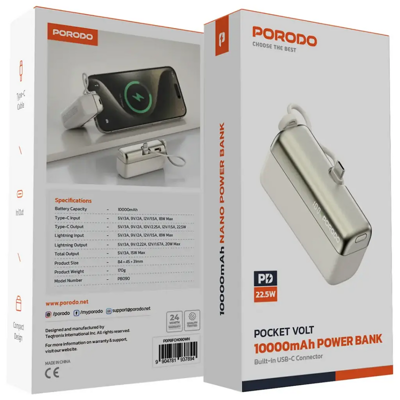 Porodo Pocket Volt 10000mAh Power Bank - White - بطارية متنقلة - مع شاحن تايب سي + شاحن ايفون - سعة 10 ألاف مللي امبير + شاشة رقميه - لأجهزة الاندرويد والايفون - كفالة 24 شهر