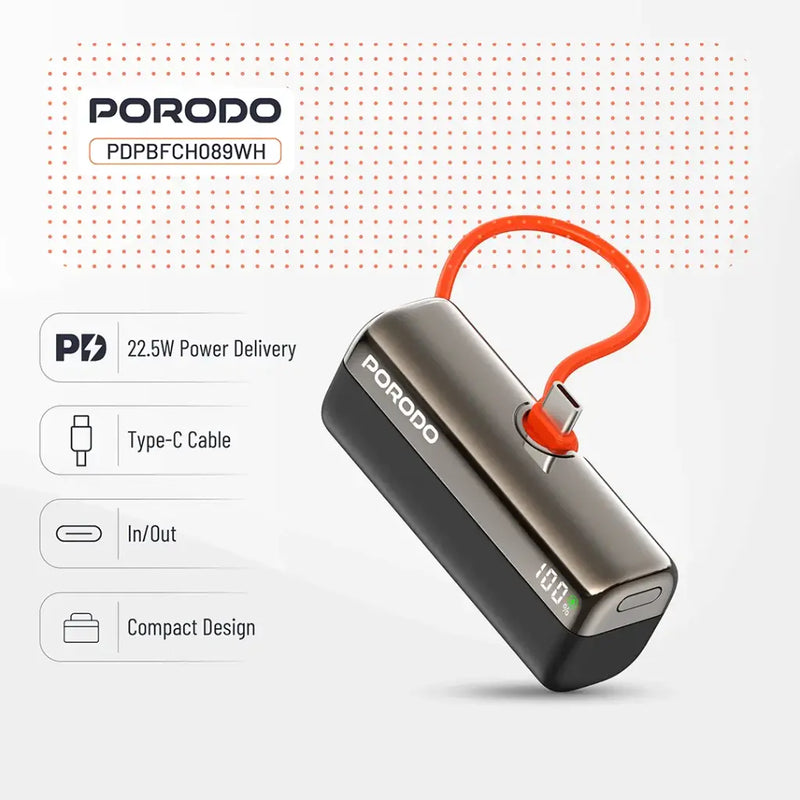 Porodo Pocket Volt 5000mAh Power Bank - Black - بطارية متنقلة - مع شاحن تايب سي - سعة 5 ألاف مللي امبير + شاشة رقميه - لأجهزة الاندرويد والايفون 15 والايفون 16 والايفون 17 - كفالة 24 شهر