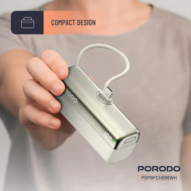 Porodo Pocket Volt 5000mAh Power Bank - White - بطارية متنقلة - مع شاحن تايب سي - سعة 5 ألاف مللي امبير + شاشة رقميه - لأجهزة الاندرويد والايفون 15 والايفون 16 والايفون 17 - كفالة 24 شهر