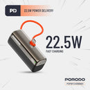 Porodo Pocket Volt 5000mAh Power Bank - Black - بطارية متنقلة - مع شاحن تايب سي - سعة 5 ألاف مللي امبير + شاشة رقميه - لأجهزة الاندرويد والايفون 15 والايفون 16 والايفون 17 - كفالة 24 شهر