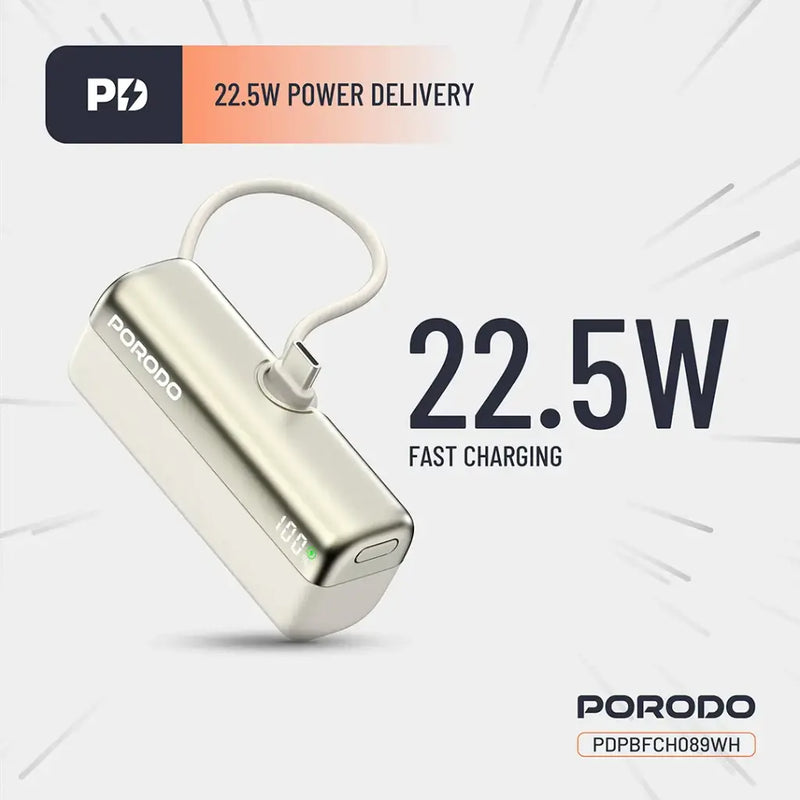 Porodo Pocket Volt 5000mAh Power Bank - White - بطارية متنقلة - مع شاحن تايب سي - سعة 5 ألاف مللي امبير + شاشة رقميه - لأجهزة الاندرويد والايفون 15 والايفون 16 والايفون 17 - كفالة 24 شهر