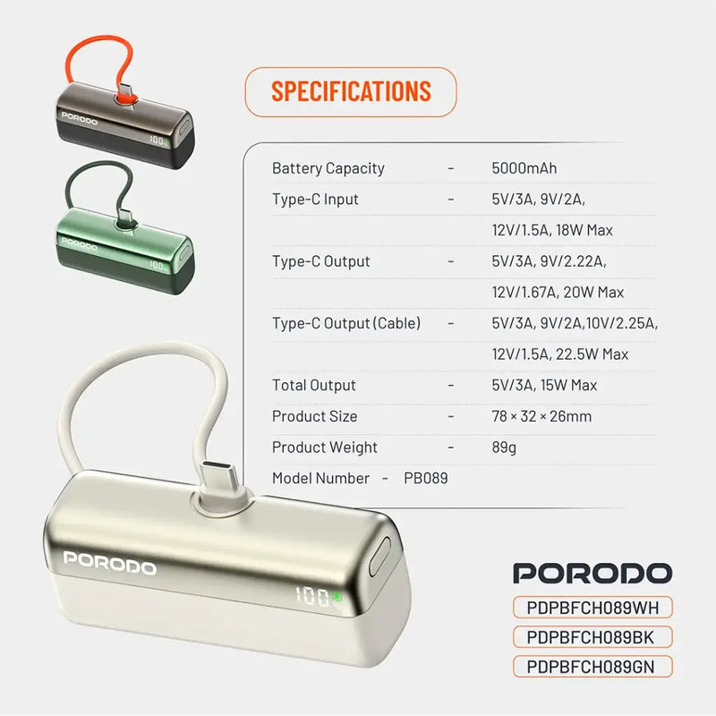 Porodo Pocket Volt 5000mAh Power Bank - White - بطارية متنقلة - مع شاحن تايب سي - سعة 5 ألاف مللي امبير + شاشة رقميه - لأجهزة الاندرويد والايفون 15 والايفون 16 والايفون 17 - كفالة 24 شهر