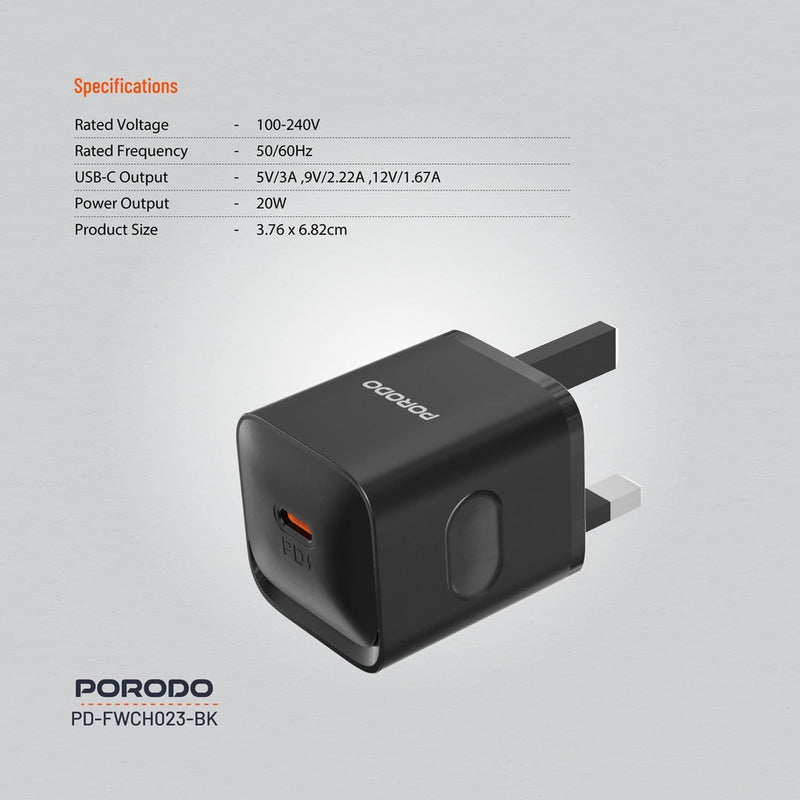 Porodo USB-C Power Delivery Wall Charger - Black - شاحن حائط - قوة 20 واط - منفذ تايب سي  للشحن السريع  - كفالة 12 شهر