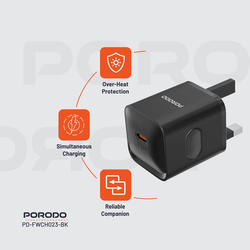 Porodo USB-C Power Delivery Wall Charger - Black - شاحن حائط - قوة 20 واط - منفذ تايب سي  للشحن السريع  - كفالة 12 شهر