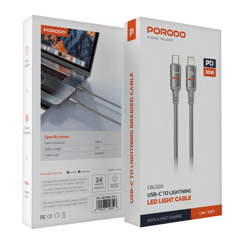 Porodo USB-C to Lightning Charging & Data Cable PD 30W 1.2m - Grey - سلك شحن ايفون  تايب سي - برودو - كفالة سنتين - طول 1.2 متر