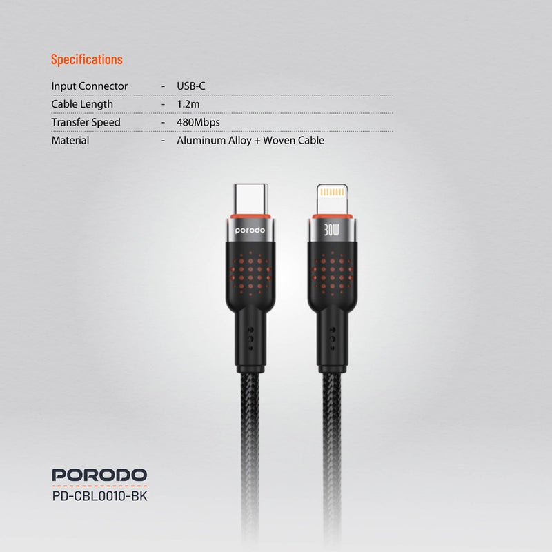 Porodo USB-C to Lightning Aluminum Braided Cable 1.2M - سلك شحن - برودو - ايفون تايب سي - طول 1.2 متر - كفالة 12 شهر