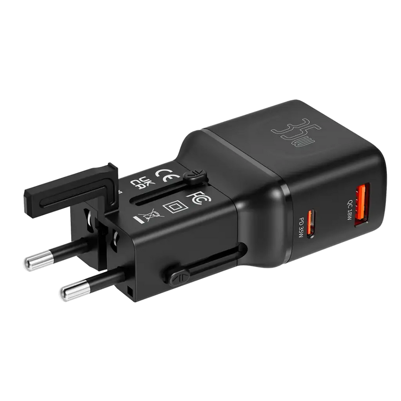 Porodo Universal Travel Pocket Charger - Black  - شاحن حائط دولي - منفذين للشحن الذكي والسريع - قوة 35 واط - كفالة 24 شهر