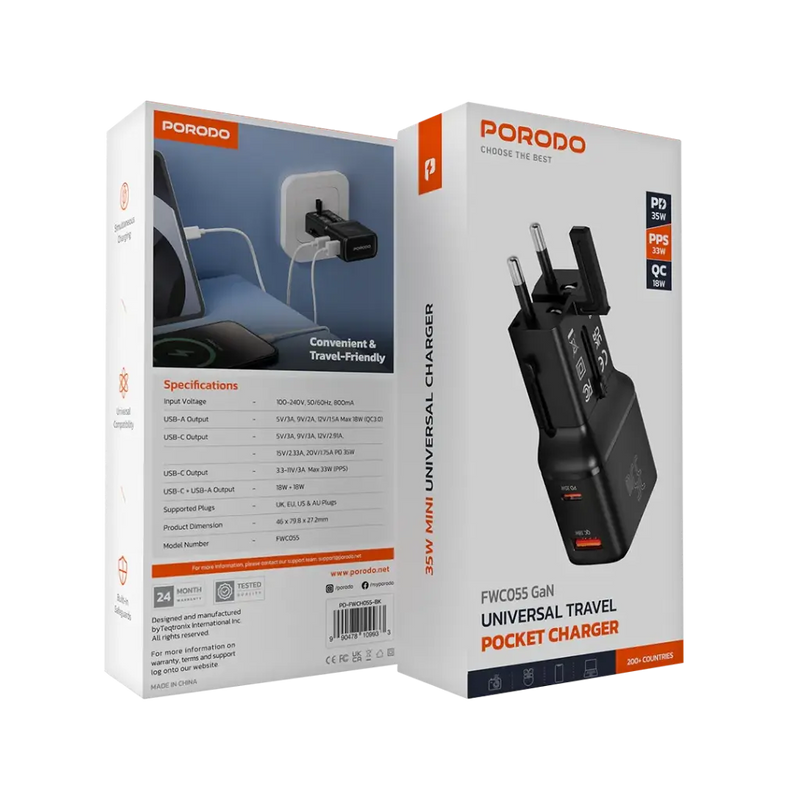 Porodo Universal Travel Pocket Charger - Black  - شاحن حائط دولي - منفذين للشحن الذكي والسريع - قوة 35 واط - كفالة 24 شهر