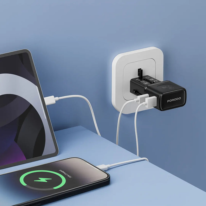 Porodo Universal Travel Pocket Charger - Black  - شاحن حائط دولي - منفذين للشحن الذكي والسريع - قوة 35 واط - كفالة 24 شهر