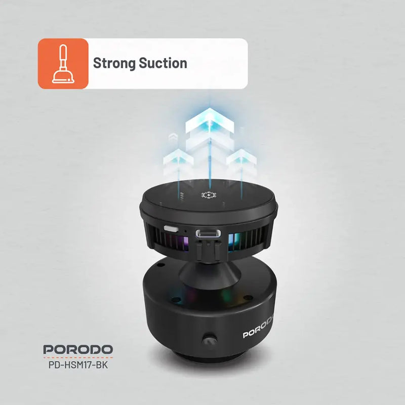 Porodo Vacuseal MagSafe Charging & Cooling - Black [O] - ستاند سيارة مناسب لجميع انواع الاجهزة - قاعدة شفط مع شحن + شحن لاسلكي قوة 15 واط + قاعدة تبريد للهاتف + إضاءة  - بورودو