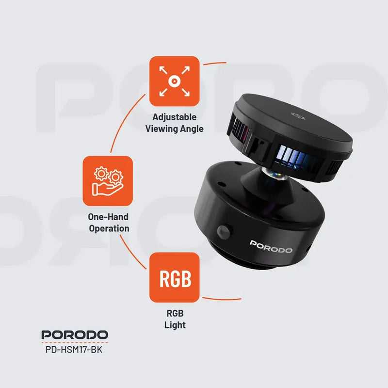 Porodo Vacuseal MagSafe Charging & Cooling - Black [O] - ستاند سيارة مناسب لجميع انواع الاجهزة - قاعدة شفط مع شحن + شحن لاسلكي قوة 15 واط + قاعدة تبريد للهاتف + إضاءة  - بورودو