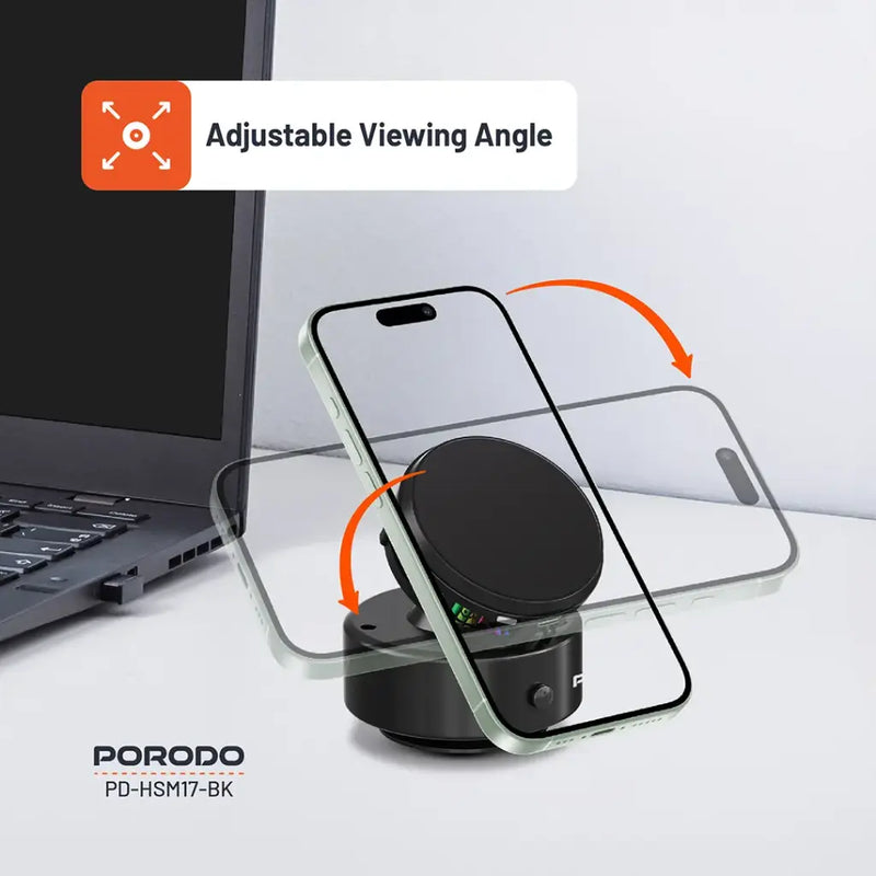 Porodo Vacuseal MagSafe Charging & Cooling - Black [O] - ستاند سيارة مناسب لجميع انواع الاجهزة - قاعدة شفط مع شحن + شحن لاسلكي قوة 15 واط + قاعدة تبريد للهاتف + إضاءة  - بورودو