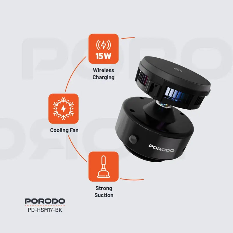 Porodo Vacuseal MagSafe Charging & Cooling - Black [O] - ستاند سيارة مناسب لجميع انواع الاجهزة - قاعدة شفط مع شحن + شحن لاسلكي قوة 15 واط + قاعدة تبريد للهاتف + إضاءة  - بورودو