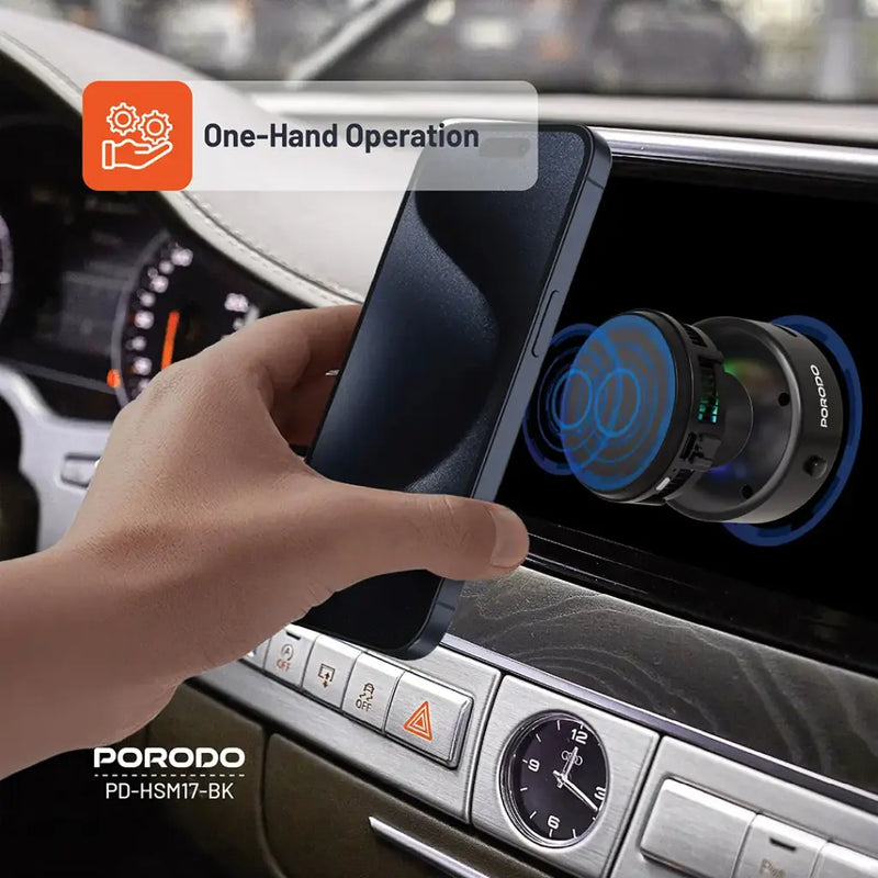 Porodo Vacuseal MagSafe Charging & Cooling - Black [O] - ستاند سيارة مناسب لجميع انواع الاجهزة - قاعدة شفط مع شحن + شحن لاسلكي قوة 15 واط + قاعدة تبريد للهاتف + إضاءة  - بورودو