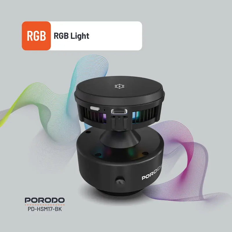 Porodo Vacuseal MagSafe Charging & Cooling - Black [O] - ستاند سيارة مناسب لجميع انواع الاجهزة - قاعدة شفط مع شحن + شحن لاسلكي قوة 15 واط + قاعدة تبريد للهاتف + إضاءة  - بورودو