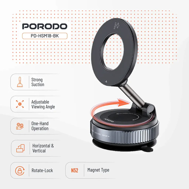 Porodo Vacuseal Rotate-Lock MagSafe Mount - Black [O] - ستاند سيارة مناسب لجميع انواع الاجهزة - شفط بدون شحن - بورودو