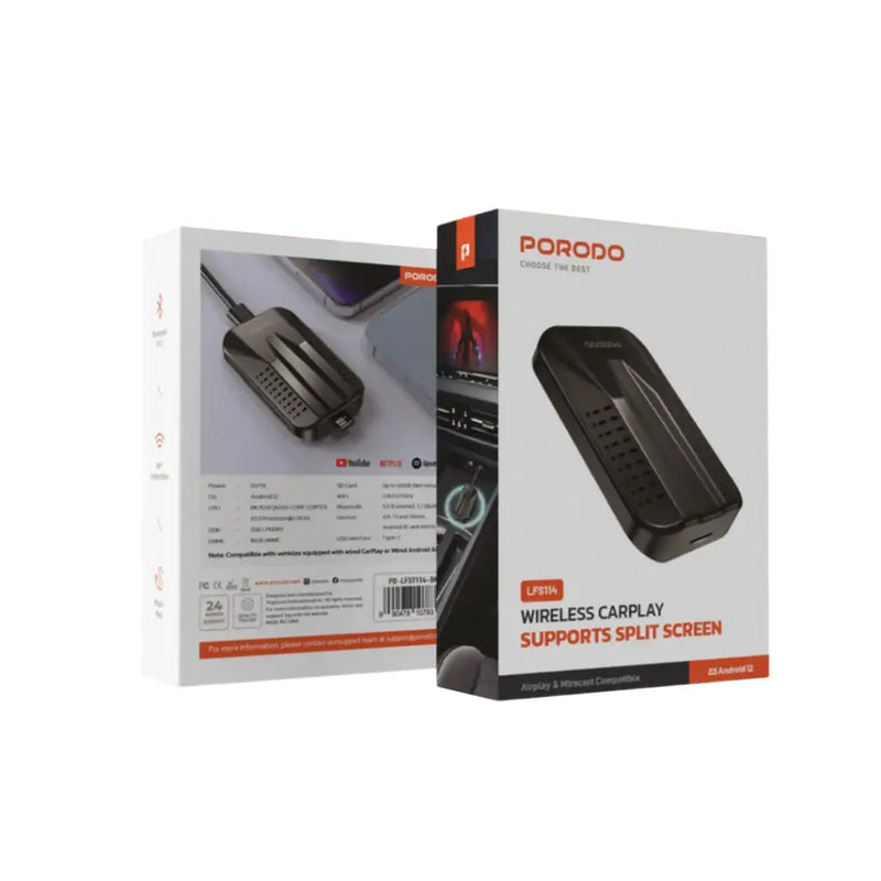 Porodo Wireless Carplay Supports Split Screen - Black - وصلة كار بلاي - بلوتوث - 2 في 1 - يو اس بي + تايب سي - كفالة 12 شهر