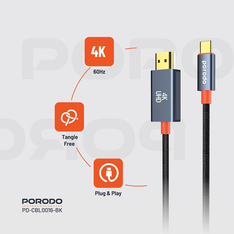 Porodo Woven Cable Type-C to HDMI - Black [O]- وصلة تلفزيون لاجهزة الاندرويد و ايفون 15/16 - تايب سي - من الجهاز الى التلفزيون مباشرة
