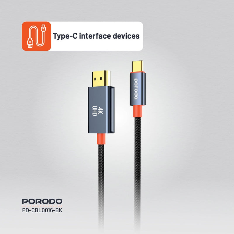 Porodo Woven Cable Type-C to HDMI - Black [O]- وصلة تلفزيون لاجهزة الاندرويد و ايفون 15/16 - تايب سي - من الجهاز الى التلفزيون مباشرة