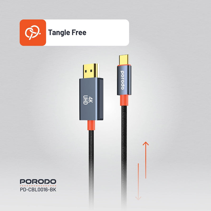 Porodo Woven Cable Type-C to HDMI - Black [O]- وصلة تلفزيون لاجهزة الاندرويد و ايفون 15/16 - تايب سي - من الجهاز الى التلفزيون مباشرة