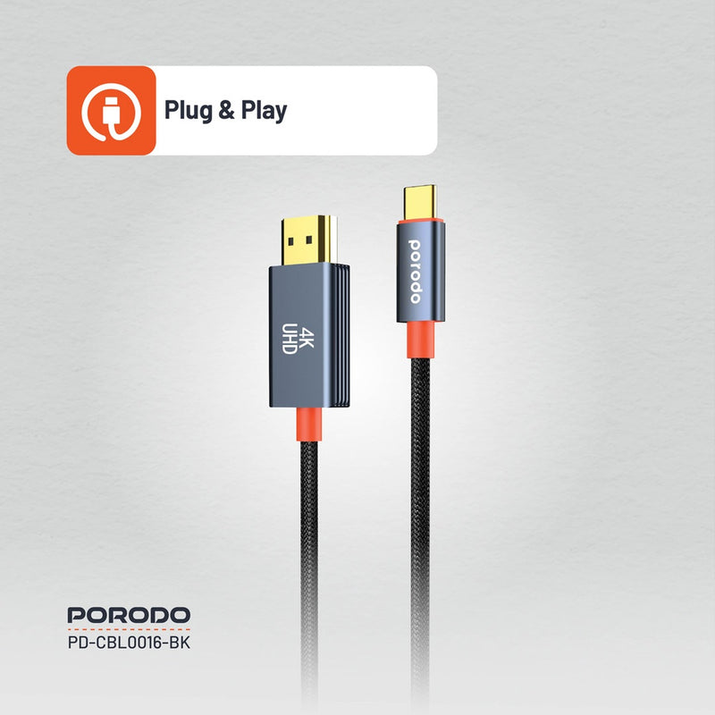 Porodo Woven Cable Type-C to HDMI - Black [O]- وصلة تلفزيون لاجهزة الاندرويد و ايفون 15/16 - تايب سي - من الجهاز الى التلفزيون مباشرة