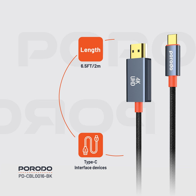 Porodo Woven Cable Type-C to HDMI - Black [O]- وصلة تلفزيون لاجهزة الاندرويد و ايفون 15/16 - تايب سي - من الجهاز الى التلفزيون مباشرة