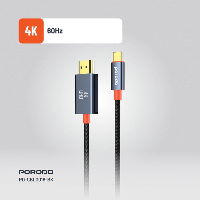 Porodo Woven Cable Type-C to HDMI - Black [O]- وصلة تلفزيون لاجهزة الاندرويد و ايفون 15/16 - تايب سي - من الجهاز الى التلفزيون مباشرة