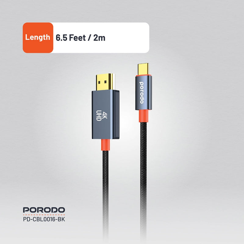 Porodo Woven Cable Type-C to HDMI - Black [O]- وصلة تلفزيون لاجهزة الاندرويد و ايفون 15/16 - تايب سي - من الجهاز الى التلفزيون مباشرة