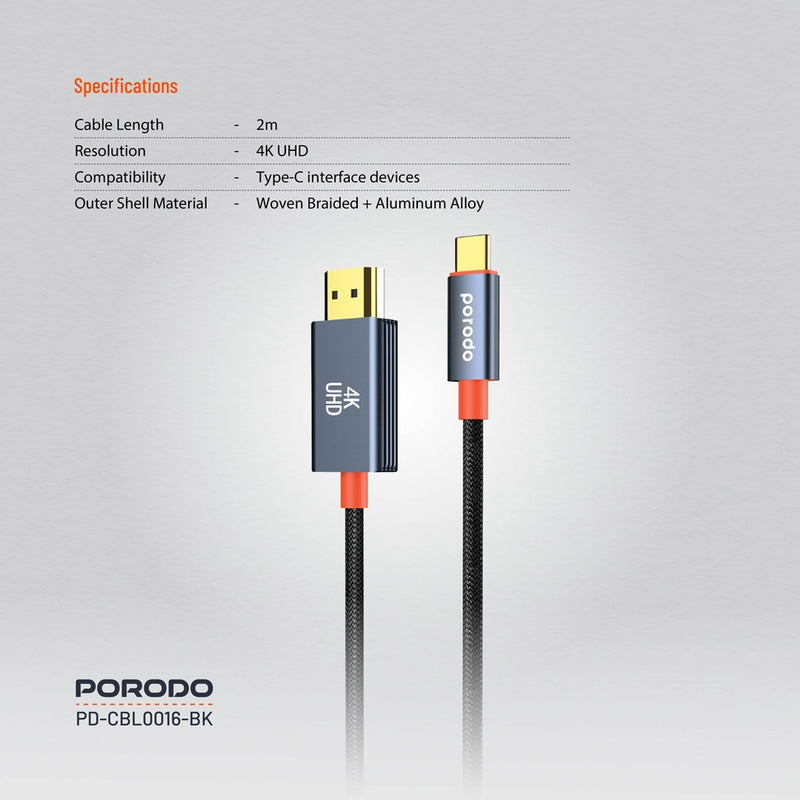 Porodo Woven Cable Type-C to HDMI - Black [O]- وصلة تلفزيون لاجهزة الاندرويد و ايفون 15/16 - تايب سي - من الجهاز الى التلفزيون مباشرة