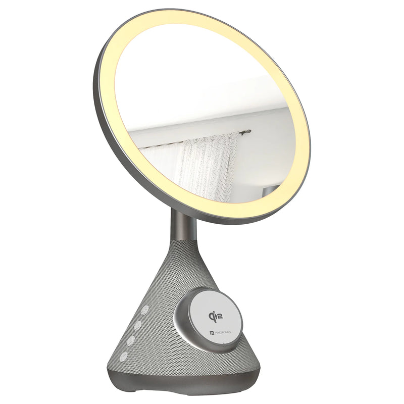 Porodo Zoomed Mirror Magnetic Wireless Charger with Speaker & Adjustable Lamp - Silver - مرايا مع اضاءة ميك اب + شاحن ماغ سيف + مكبر صوت سبيكر - بورودو - كفالة 24 شهر