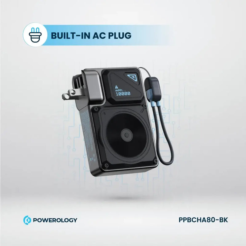 Powerology 10000mAh Wall Charger Magsafe 15W Power Bank 35W with C-C cable Bank - شاحن حائط دولي -  2 في 1 - باور بانك سعة 10000 + سلك شحن تايب سي - شاشه رقمية - كفالة 24 شهر