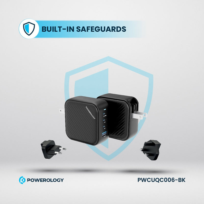 Powerology 100W Triple PD + 1 QC3.0 World Travel Kit - بلاك حائط شحن دولي - 4 فتحات للشحن - 3 فتحات تايب سي +1 فتحة يو اس بي - قوة 100 واط - كفالة 24 شهر