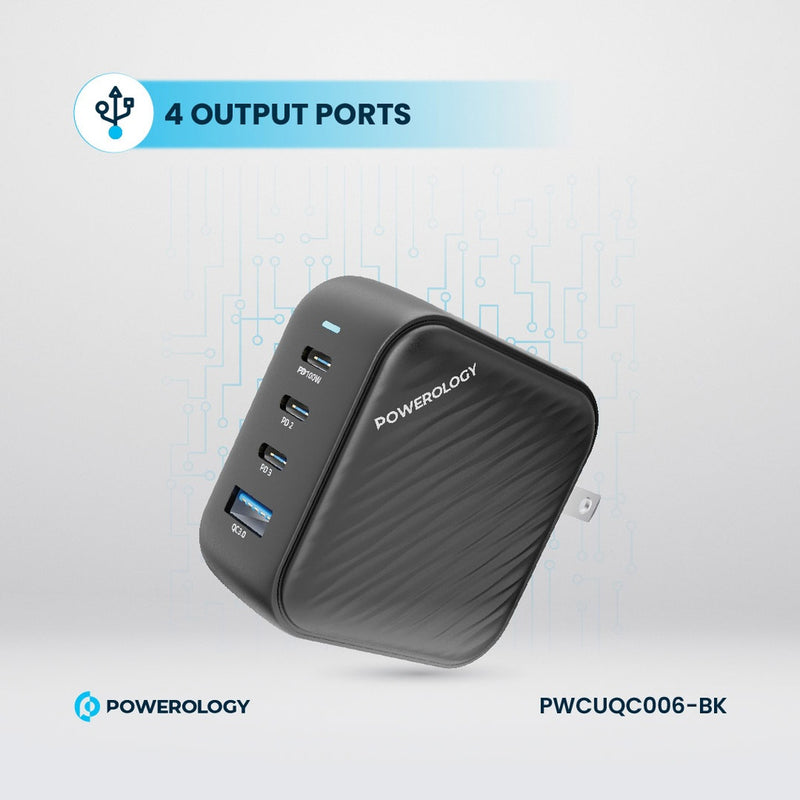 Powerology 100W Triple PD + 1 QC3.0 World Travel Kit - بلاك حائط شحن دولي - 4 فتحات للشحن - 3 فتحات تايب سي +1 فتحة يو اس بي - قوة 100 واط - كفالة 24 شهر
