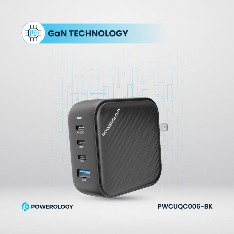 Powerology 100W Triple PD + 1 QC3.0 World Travel Kit - بلاك حائط شحن دولي - 4 فتحات للشحن - 3 فتحات تايب سي +1 فتحة يو اس بي - قوة 100 واط - كفالة 24 شهر