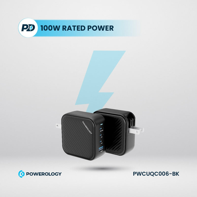 Powerology 100W Triple PD + 1 QC3.0 World Travel Kit - بلاك حائط شحن دولي - 4 فتحات للشحن - 3 فتحات تايب سي +1 فتحة يو اس بي - قوة 100 واط - كفالة 24 شهر