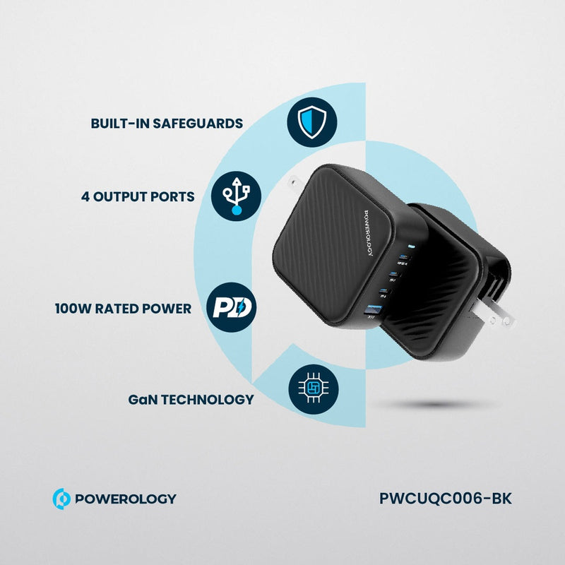 Powerology 100W Triple PD + 1 QC3.0 World Travel Kit - بلاك حائط شحن دولي - 4 فتحات للشحن - 3 فتحات تايب سي +1 فتحة يو اس بي - قوة 100 واط - كفالة 24 شهر