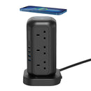 Powerology 12 AC Sockets GaN Tower Hub - Black - ستاند موزع شحن - 12 منفذ كهرباء + 2 منفذين تايب سي - قوة 20 واط - 2 منفذين يو اس بي اي - شاحن لاسلكي قوة 15 واط - كفاله 24 شهر
