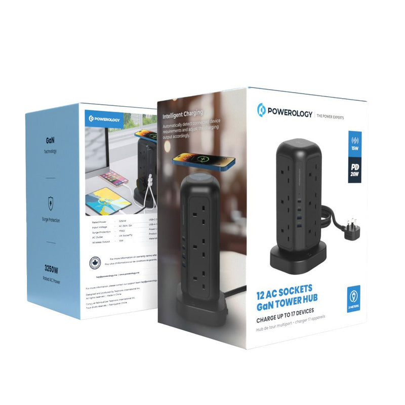Powerology 12 AC Sockets GaN Tower Hub - Black - ستاند موزع شحن - 12 منفذ كهرباء + 2 منفذين تايب سي - قوة 20 واط - 2 منفذين يو اس بي اي - شاحن لاسلكي قوة 15 واط - كفاله 24 شهر