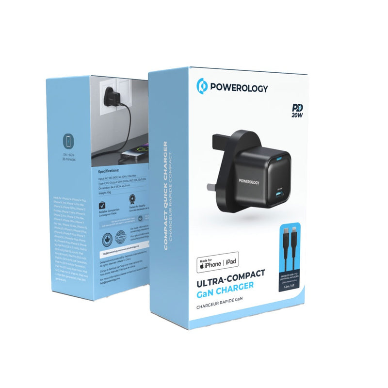 Powerology 20W Single C Port PD Charger UK with Type C to Lightining MFI 27W cable - Black - شاحن حائط تايب سي - باورولوجي - سلك شحن ايفون - قوة 20 واط - كفالة 24 شهر