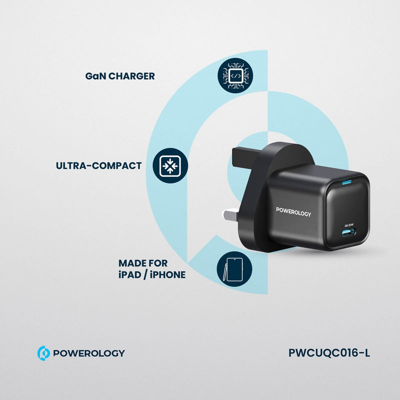 Powerology 20W Single C Port PD Charger UK with Type C to Lightining MFI 27W cable - Black - شاحن حائط تايب سي - باورولوجي - سلك شحن ايفون - قوة 20 واط - كفالة 24 شهر