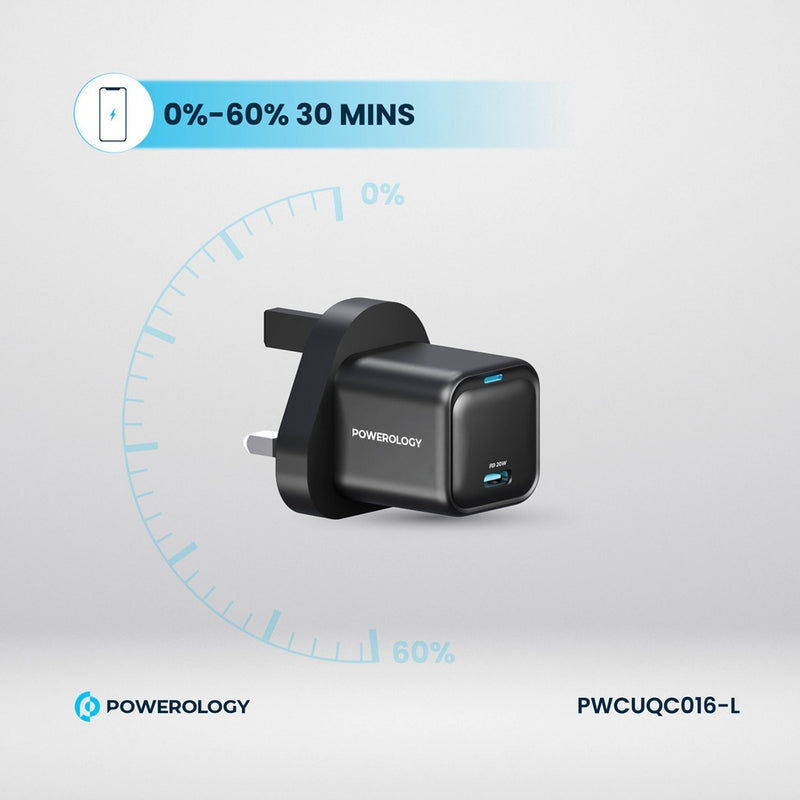 Powerology 20W Single C Port PD Charger UK with Type C to Lightining MFI 27W cable - Black - شاحن حائط تايب سي - باورولوجي - سلك شحن ايفون - قوة 20 واط - كفالة 24 شهر