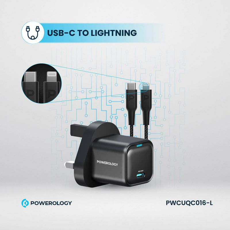 Powerology 20W Single C Port PD Charger UK with Type C to Lightining MFI 27W cable - Black - شاحن حائط تايب سي - باورولوجي - سلك شحن ايفون - قوة 20 واط - كفالة 24 شهر