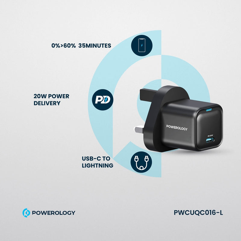 Powerology 20W Single C Port PD Charger UK with Type C to Lightining MFI 27W cable - Black - شاحن حائط تايب سي - باورولوجي - سلك شحن ايفون - قوة 20 واط - كفالة 24 شهر