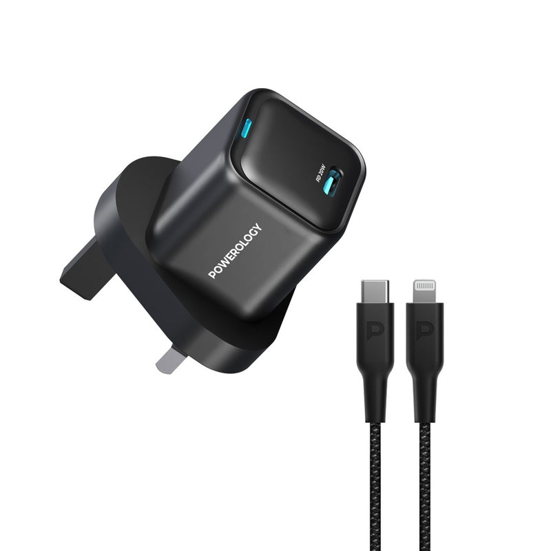 Powerology 20W Single C Port PD Charger UK with Type C to Lightining MFI 27W cable - Black - شاحن حائط تايب سي - باورولوجي - سلك شحن ايفون - قوة 20 واط - كفالة 24 شهر