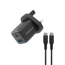 Powerology 35W PD QC 1xUSB-C 35W and 1xUSB-A 18W GaN Charger UK -with Type C to C 60W - Black - شاحن حائط تايب سي - باورولوجي - سلك شحن تايب سي - قوة 35 واط - كفالة 24 شهر
